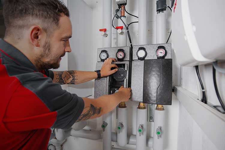 Servicetechnicus stelt een verwarmings- of pompsysteem met drukmeter en leidingen af.