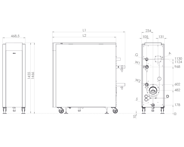 Technische tekening met afmetingen van de TRIGON XL 150, 200 und 250