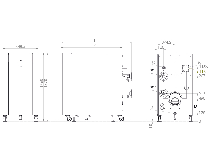 Technische tekening met afmetingen TRIGON XL 300, 400, 500 und 570