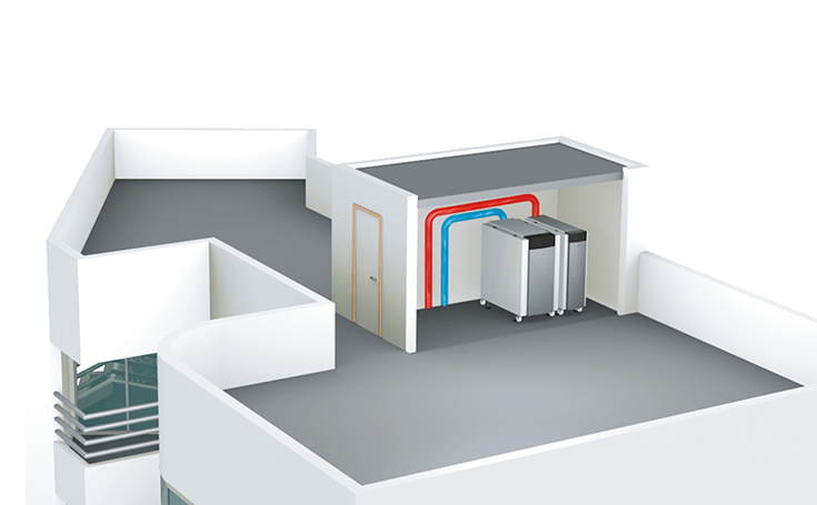  Dak van een meerlagig gebouw waarop de TRIGON XL is geïnstalleerd.